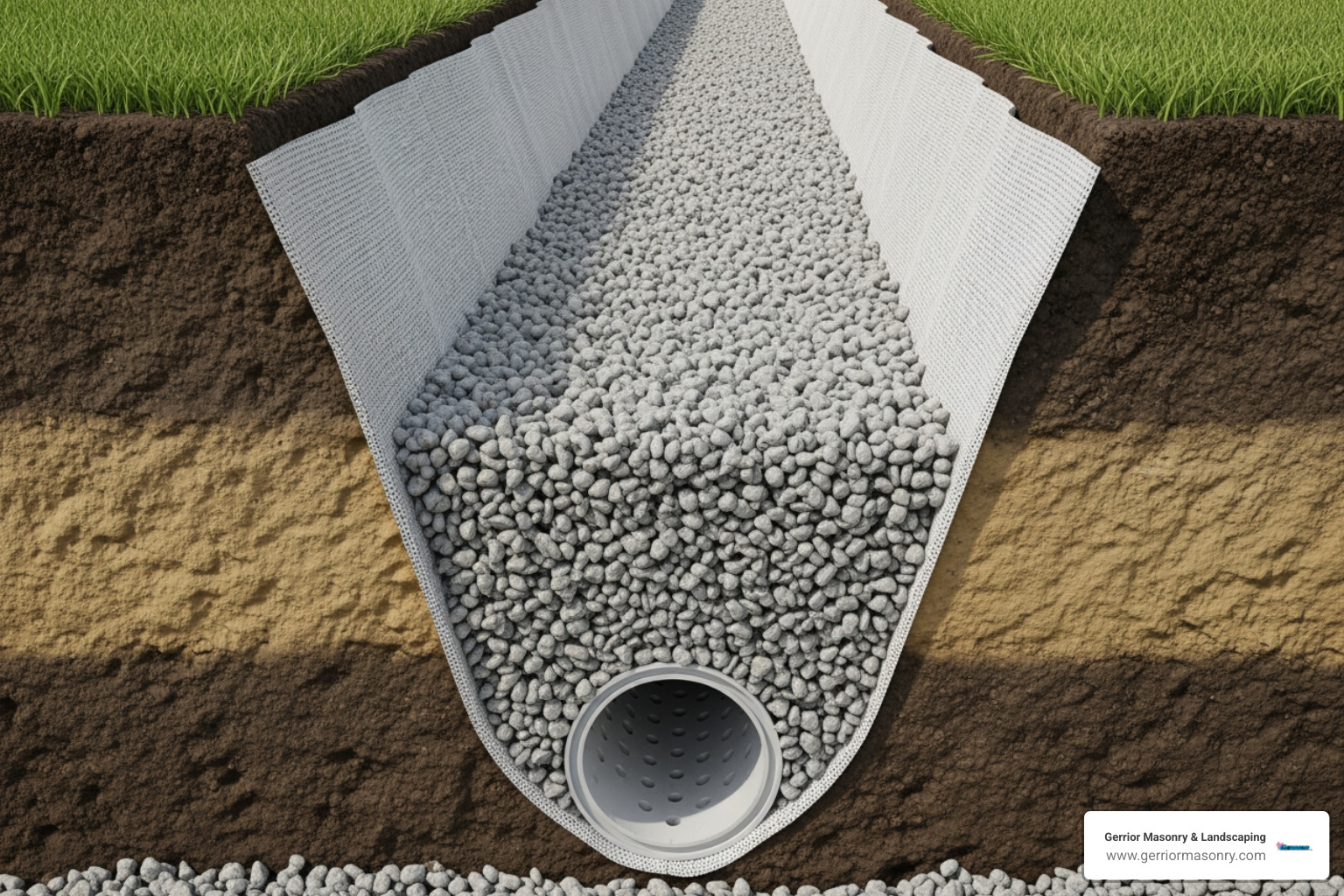 cross-section of a French drain installation showing the pipe, gravel, and filter fabric - domestic drainage system cross-section of a French drain installation showing the pipe, gravel, and filter fabric - domestic drainage system