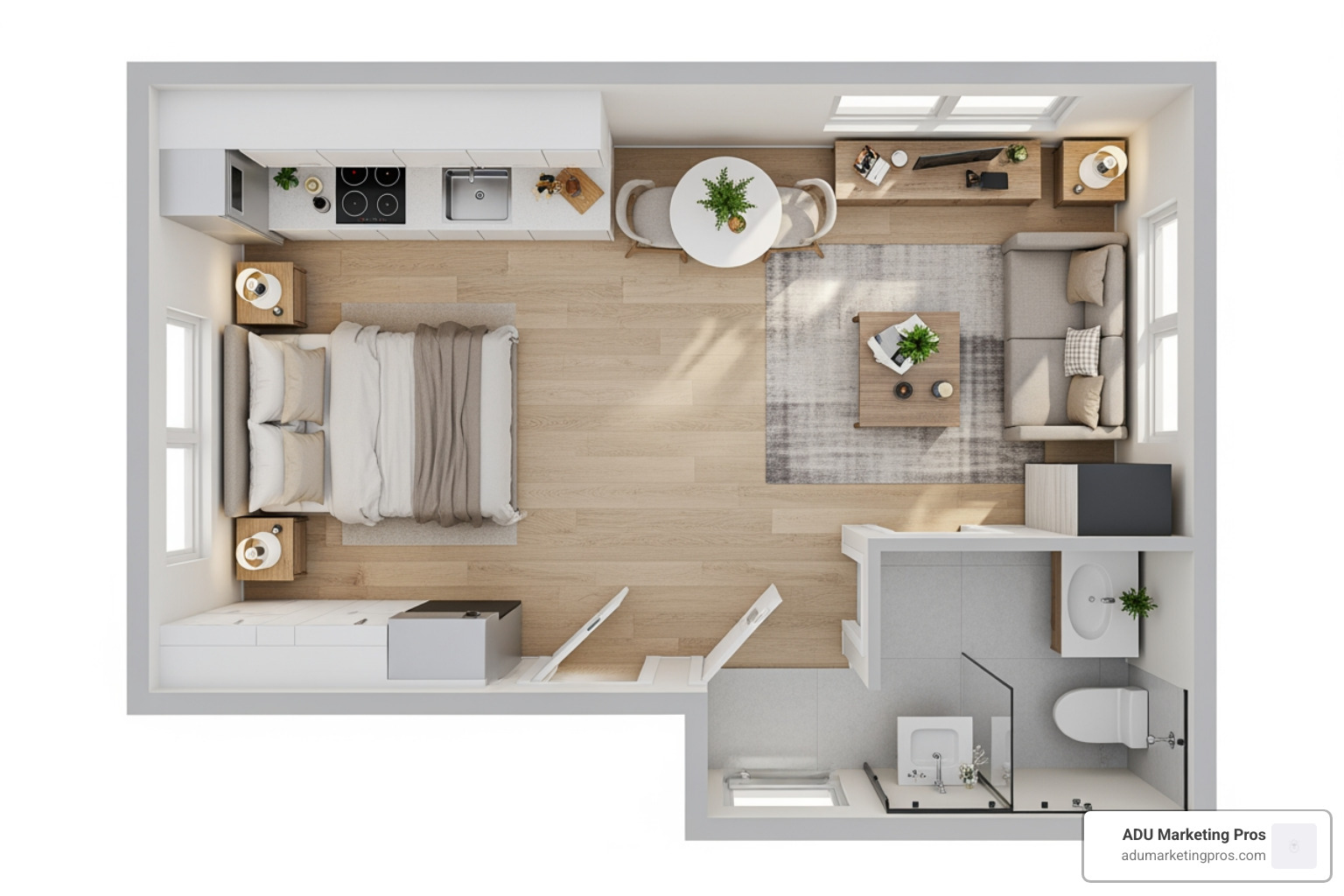 detailed 3D floor plan of a studio ADU - ADU studio plans detailed 3D floor plan of a studio ADU - ADU studio plans