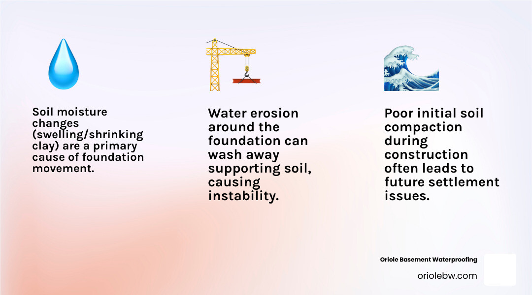 Infographic showing the three main causes of foundation settlement: soil moisture changes causing expansion and contraction, poor initial soil compaction during construction, and water erosion washing away supporting soil. Each cause is illustrated with a simple diagram and brief explanation of how it leads to foundation movement. - settlement in foundation infographic 3_facts_emoji_light-gradient