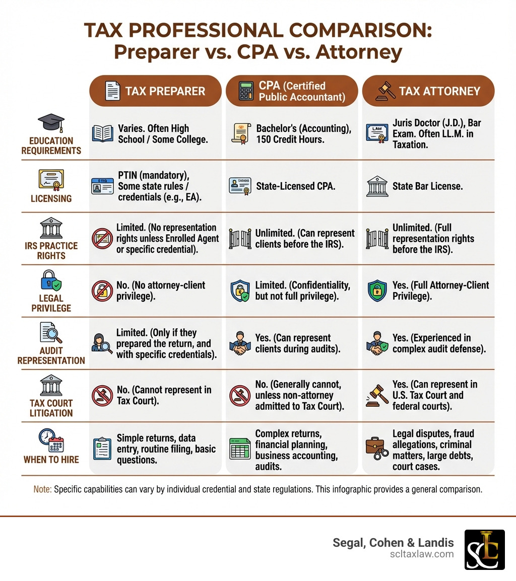 infographic showing three columns comparing Tax Preparer, CPA, and Tax Attorney with rows for education requirements, licensing, IRS practice rights, legal privilege, audit representation, tax court litigation, and when to hire each professional - lawyer for taxes infographic 