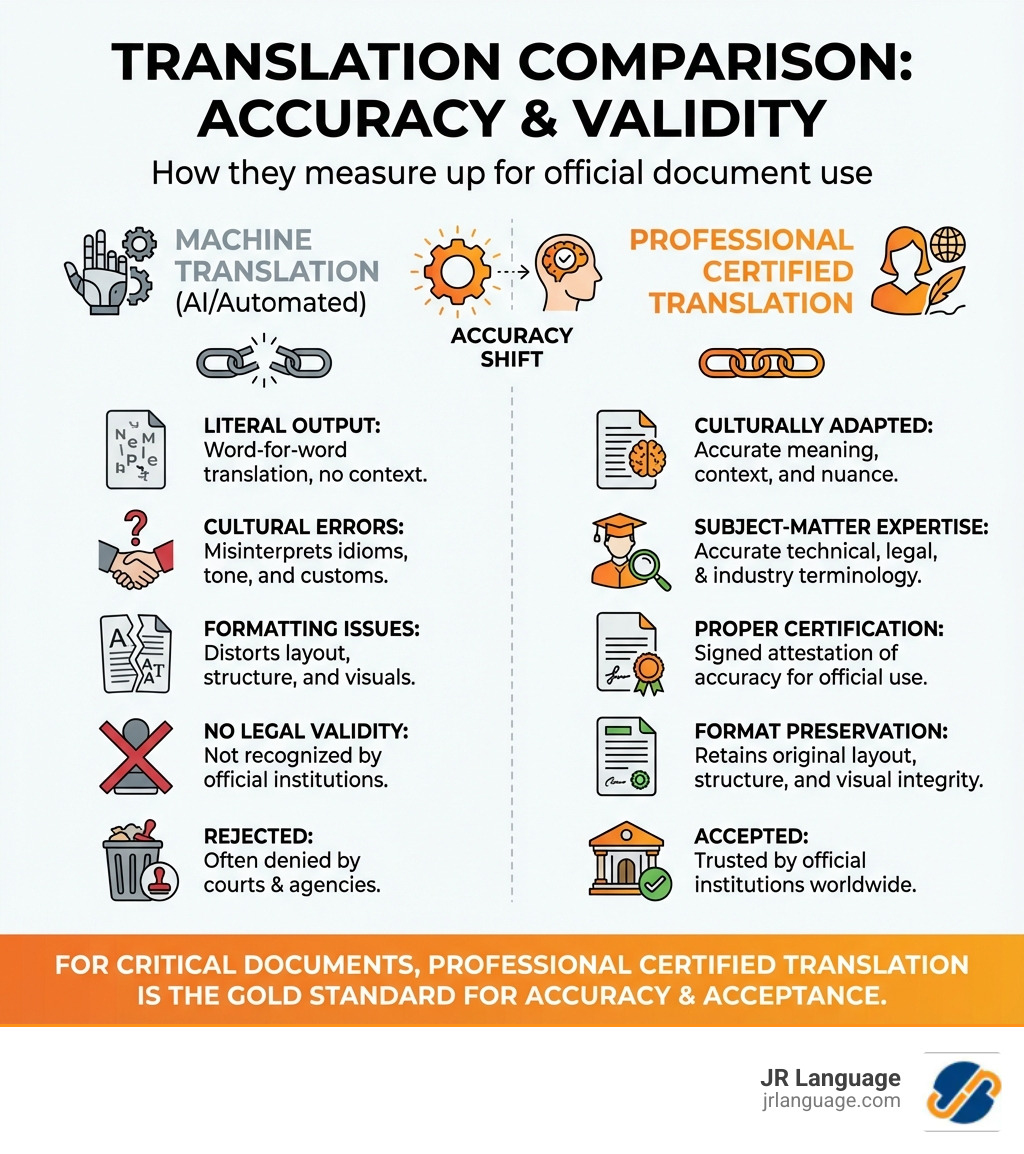 Infographic comparing machine translation versus professional certified translation, showing key differences: machine translation produces literal word-for-word output with no context, cultural errors, formatting issues, and no legal validity; professional translation delivers culturally adapted content, subject-matter expertise, proper certification, format preservation, and acceptance by official institutions - Accurate document translation infographic Infographic comparing machine translation versus professional certified translation, showing key differences: machine translation produces literal word-for-word output with no context, cultural errors, formatting issues, and no legal validity; professional translation delivers culturally adapted content, subject-matter expertise, proper certification, format preservation, and acceptance by official institutions - Accurate document translation infographic