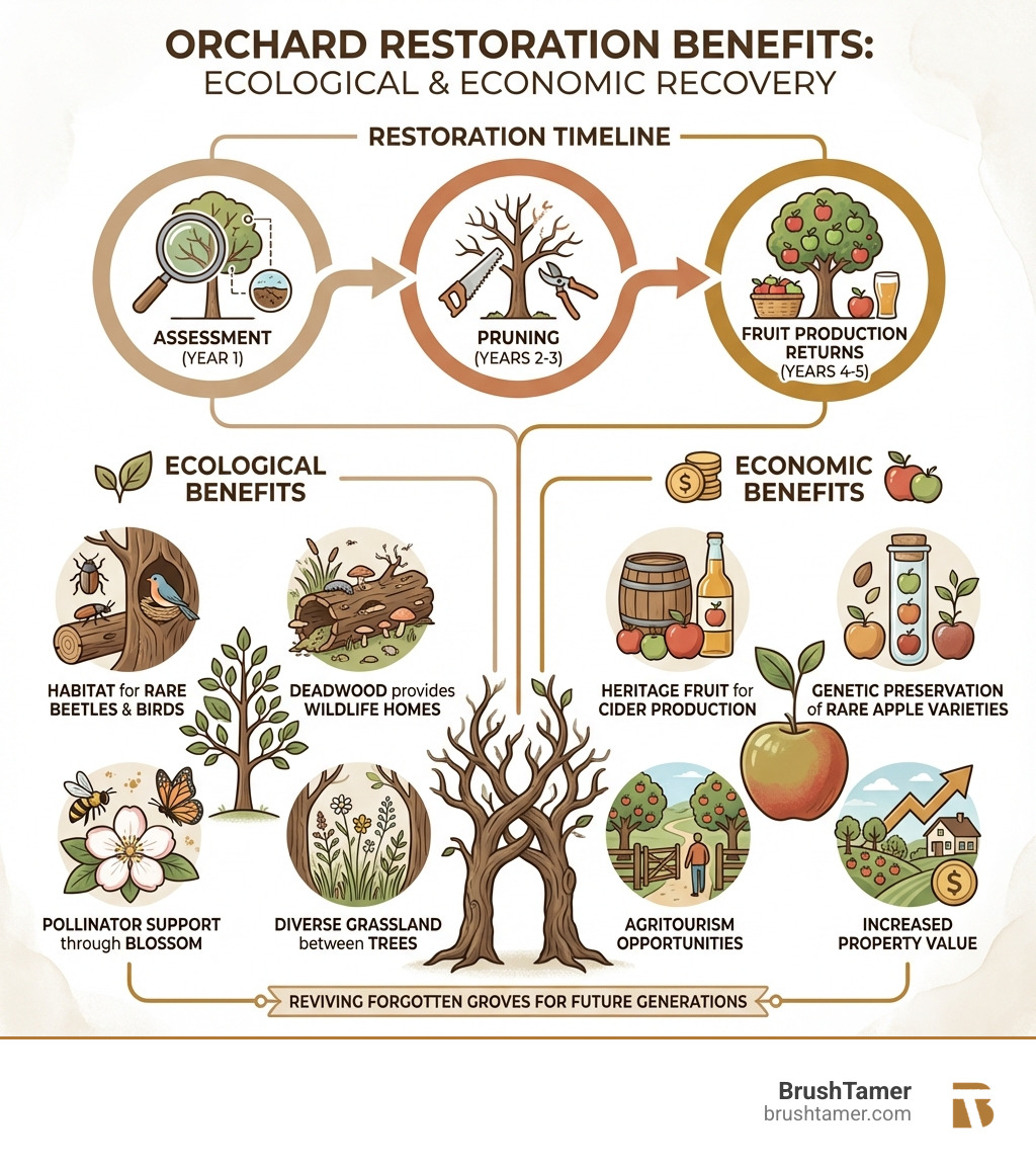 Infographic showing orchard restoration benefits: Ecological benefits include habitat for rare beetles and birds, support for pollinators through blossom, deadwood provides wildlife homes, and diverse grassland between trees. Economic benefits include heritage fruit for cider production, agritourism opportunities, genetic preservation of rare apple varieties, and increased property value. Timeline shows assessment year 1, pruning years 2-3, and fruit production returning years 4-5. - orchard restoration infographic 