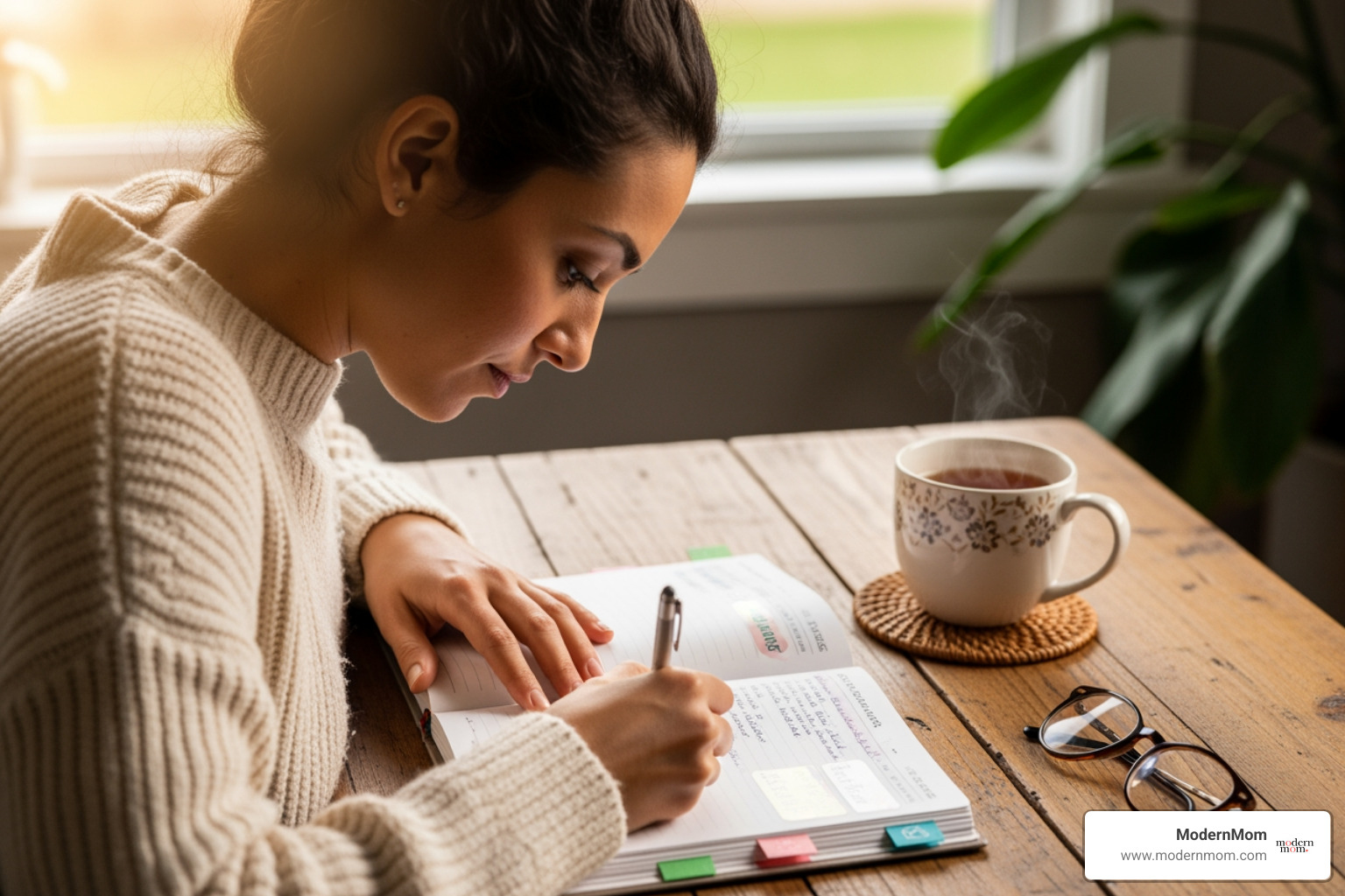 woman writing in planner with tea - creating new routines
