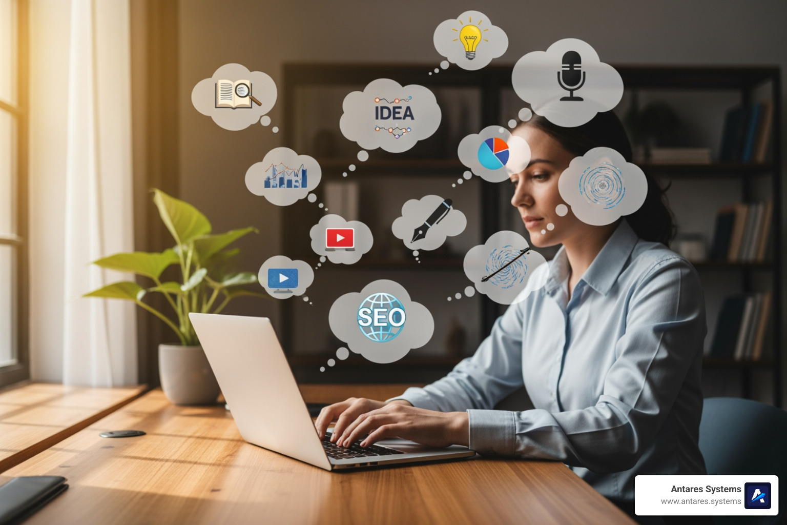 A person typing on a laptop, surrounded by thought bubbles representing content ideas and keywords. - search engine positioning seo