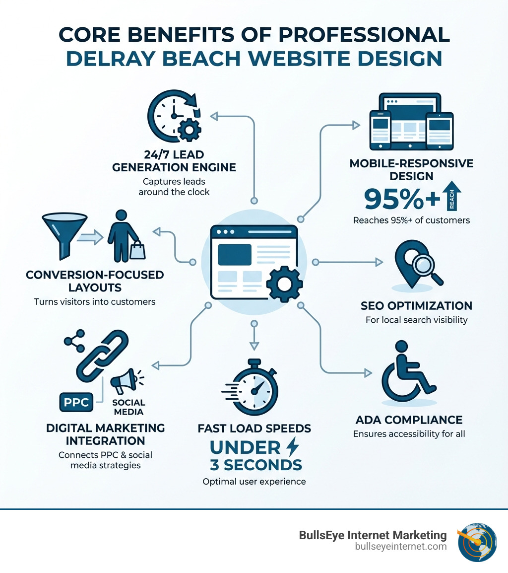 Infographic showing the core benefits of professional website design for Delray Beach businesses: 24/7 lead generation engine, mobile-responsive design reaching 95%+ of customers, SEO optimization for local search visibility, conversion-focused layouts that turn visitors into customers, fast load speeds under 3 seconds, ADA compliance for accessibility, and integration with digital marketing strategies including PPC and social media - Website design Delray Beach infographic Core benefits of professional Delray Beach website design infographic highlighting 24/7 lead generation, conversion-focused layouts, mobile-responsive design, SEO optimization, fast load speeds under 3 seconds, digital marketing integration, and ADA compliance, branded with BullsEye Internet Marketing logo.