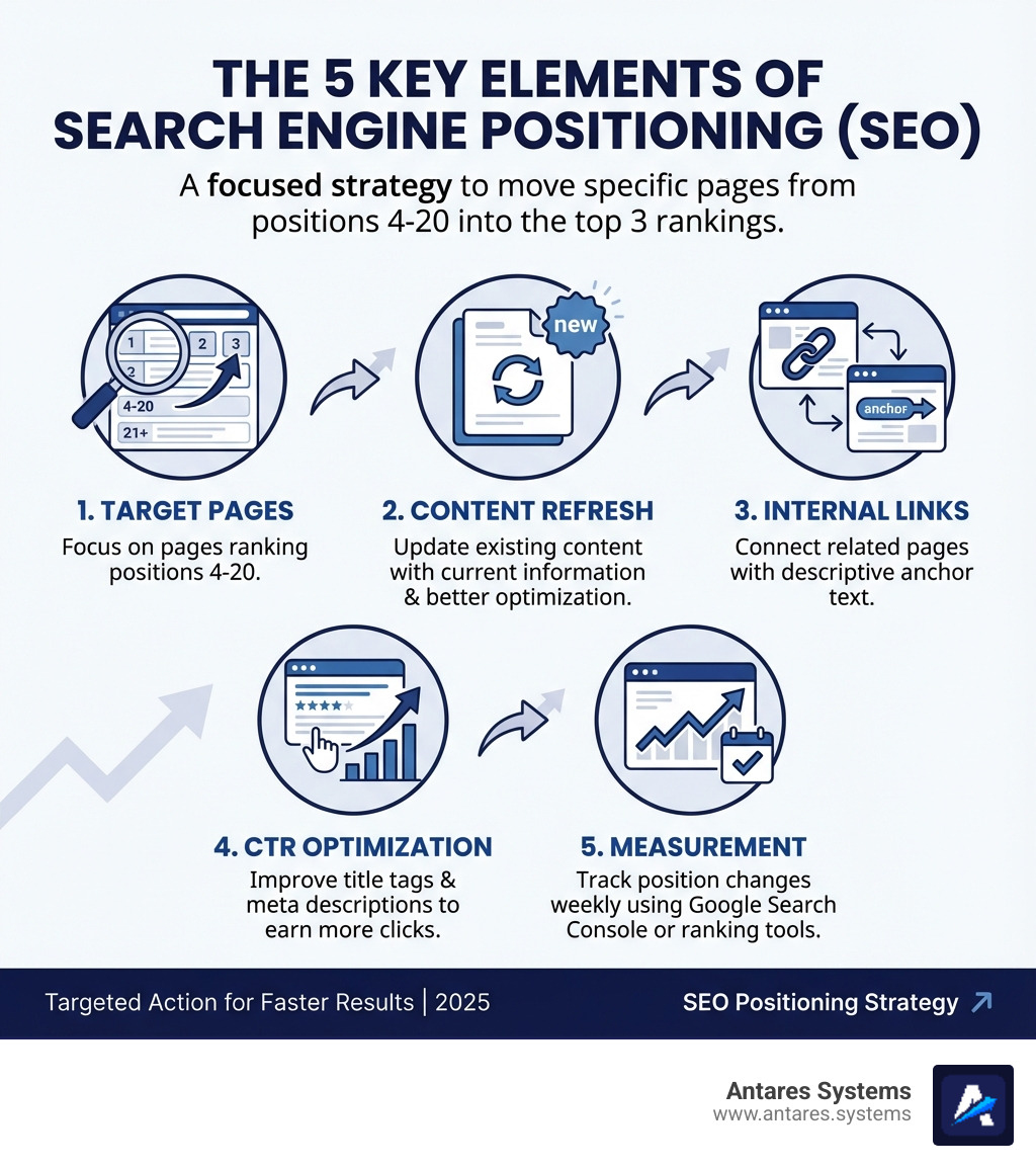 Infographic showing the five key elements of search engine positioning: 1. Target Pages - Focus on pages ranking positions 4-20, 2. Content Refresh - Update existing content with current information and better optimization, 3. Internal Links - Connect related pages with descriptive anchor text, 4. CTR Optimization - Improve title tags and meta descriptions to earn more clicks, 5. Measurement - Track position changes weekly using Google Search Console or ranking tools - search engine positioning seo infographic 