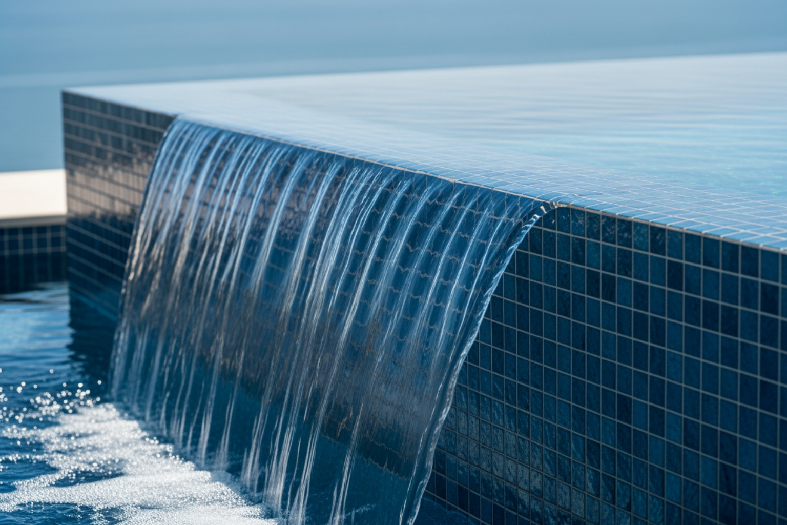 Close-up of a seamless vanishing edge with quality tile work and clear water flowing over, no human faces - infinity edge pool design Close-up of a seamless vanishing edge with quality tile work and clear water flowing over, no human faces - infinity edge pool design