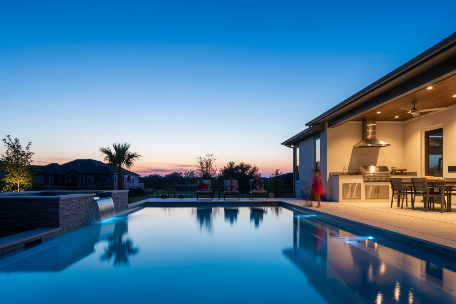Houston family enjoying a BBQ by their infinity pool at dusk, with the pool reflecting the sky, no hills or palm trees - infinity edge pool design Houston family enjoying a BBQ by their infinity pool at dusk, with the pool reflecting the sky, no hills or palm trees - infinity edge pool design