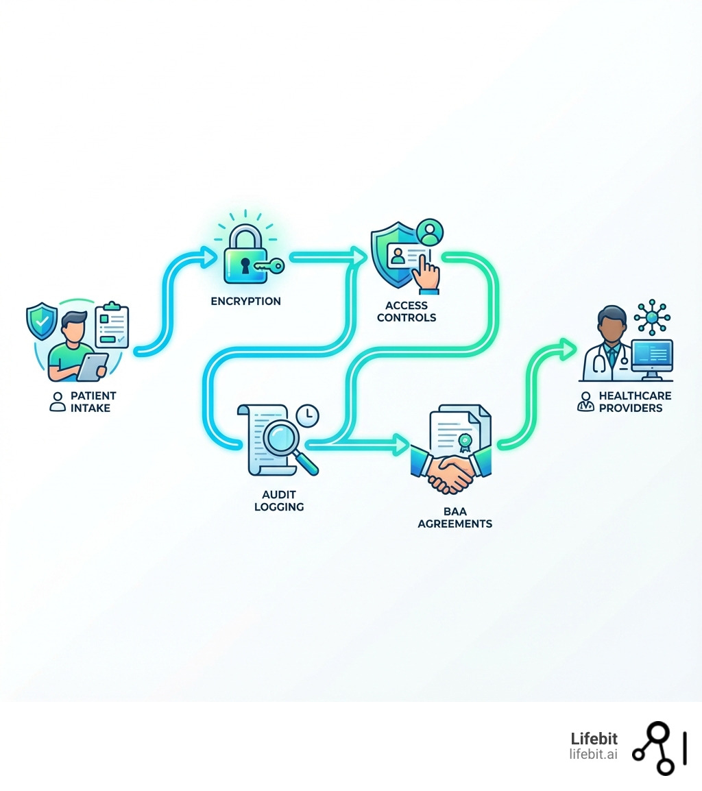 Infographic showing the flow of Protected Health Information from patient intake through EMR system to healthcare providers, with security checkpoints including encryption, access controls, audit logging, and BAA agreements at each stage - HIPAA compliant EMR infographic 
