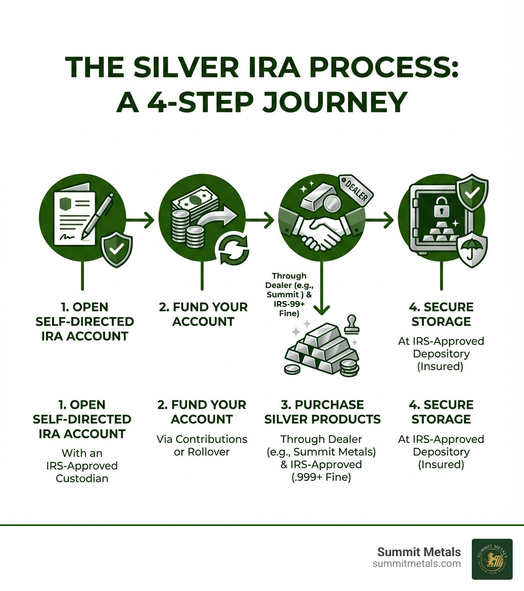 Detailed infographic showing the Silver IRA process: opening a self-directed IRA account with an IRS-approved custodian, funding through contributions or rollover, purchasing IRS-approved silver products through a dealer like Summit Metals, and secure storage at an IRS-approved depository with insurance coverage - Silver IRA rules infographic 