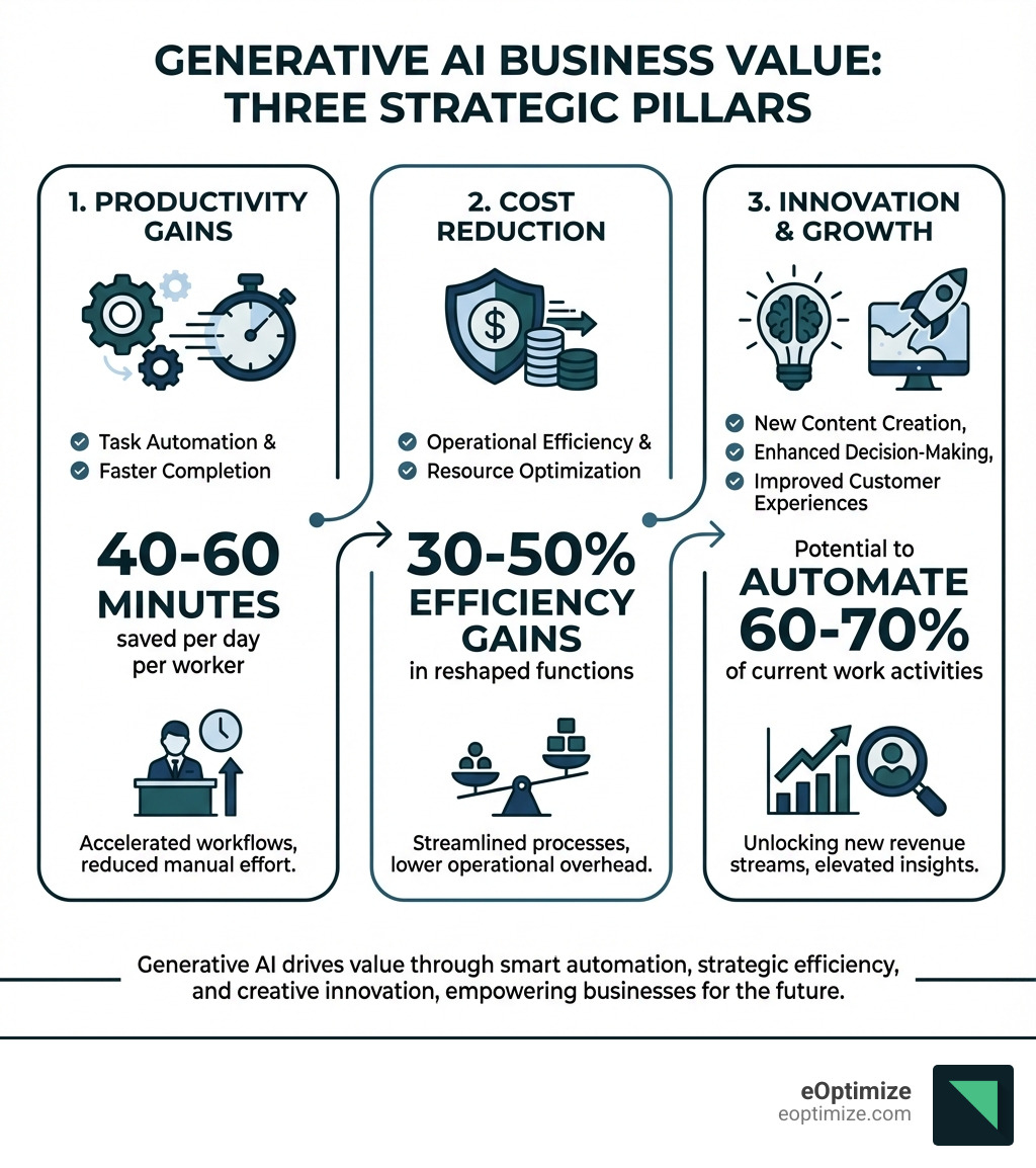 Infographic showing the three pillars of Generative AI business value: 1) Productivity gains through task automation and faster completion times, 2) Cost reduction via operational efficiency and resource optimization, 3) Innovation through new content creation, enhanced decision-making, and improved customer experiences. Each pillar includes specific metrics like 40-60 minutes saved per day per worker, 30-50% efficiency gains in reshaped functions, and potential to automate 60-70% of current work activities. - Generative AI business infographic 