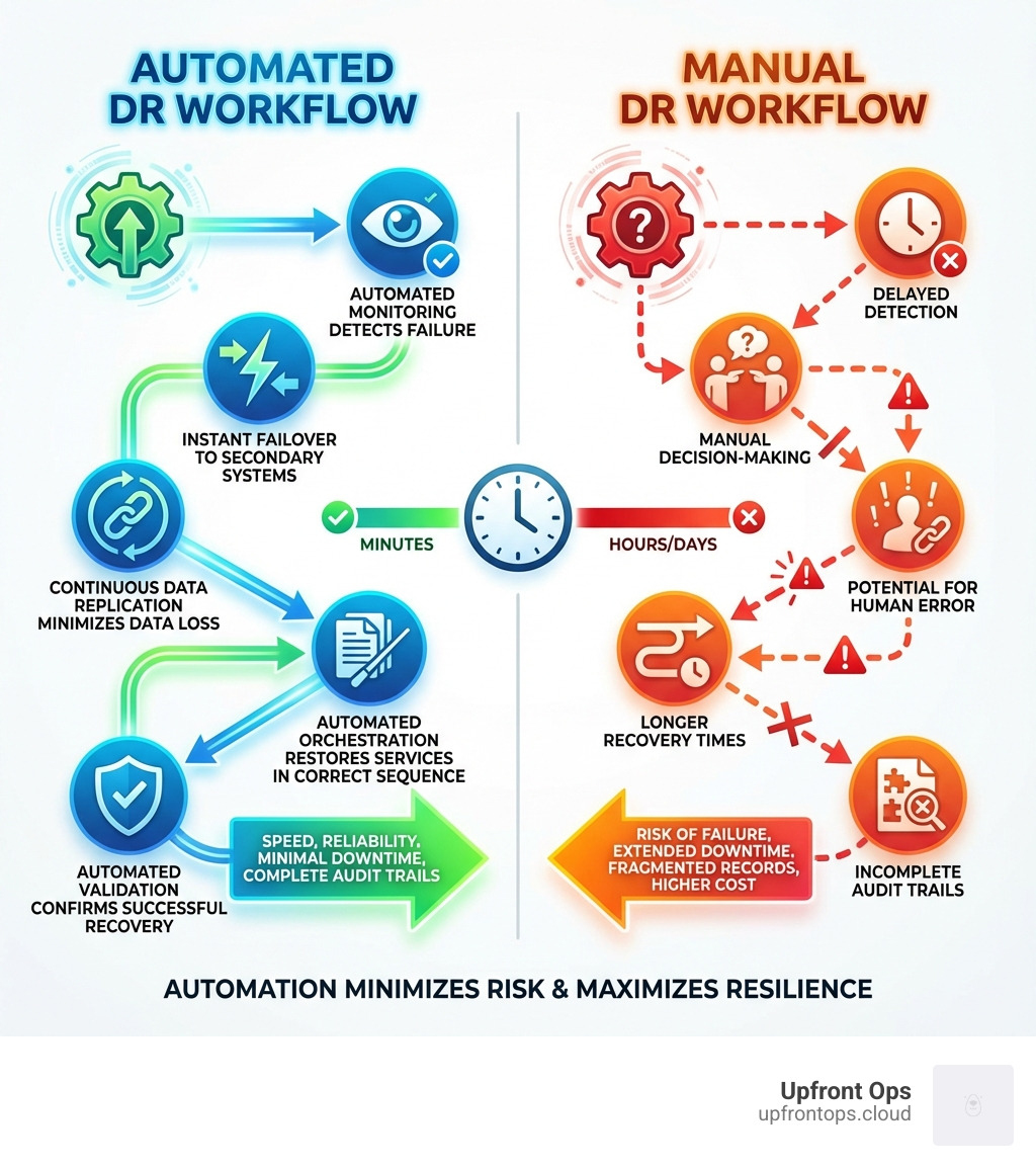 infographic showing the disaster recovery automation workflow: automated monitoring detects failure, triggers instant failover to secondary systems, continuous data replication minimizes data loss, automated orchestration restores services in correct sequence, and automated validation confirms successful recovery - compared to manual DR showing delayed detection, manual decision-making, potential for human error, longer recovery times, and incomplete audit trails - DISASTER RECOVERY AUTOMATION infographic infographic showing the disaster recovery automation workflow: automated monitoring detects failure, triggers instant failover to secondary systems, continuous data replication minimizes data loss, automated orchestration restores services in correct sequence, and automated validation confirms successful recovery - compared to manual DR showing delayed detection, manual decision-making, potential for human error, longer recovery times, and incomplete audit trails - DISASTER RECOVERY AUTOMATION infographic