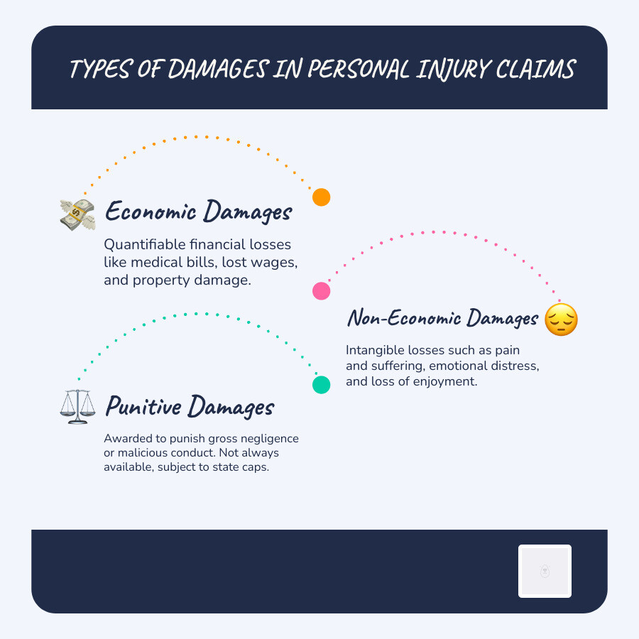 Infographic explaining the difference between Economic, Non-Economic, and Punitive Damages - Personal injury case valuation infographic infographic-line-3-steps-blues-accent_colors