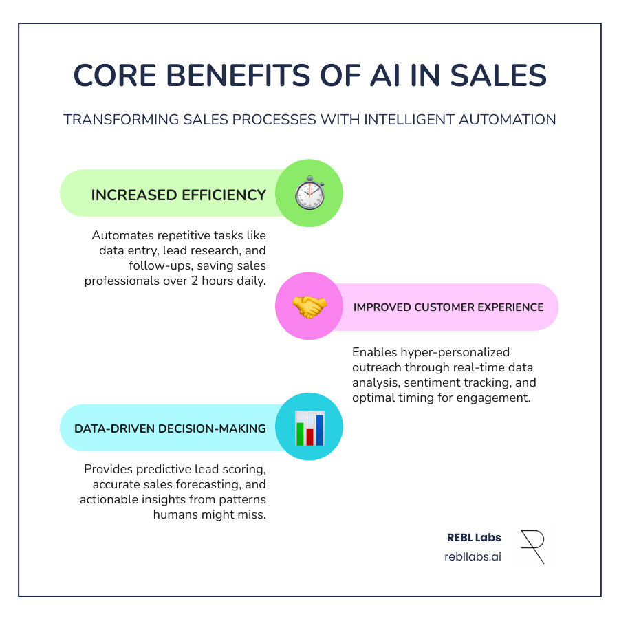 Infographic showing three core benefits of AI in sales: 1) Increased Efficiency - Automates repetitive tasks like data entry, lead research, and follow-ups, saving sales professionals over 2 hours daily; 2) Improved Customer Experience - Enables hyper-personalized outreach through real-time data analysis, sentiment tracking, and optimal timing; 3) Data-Driven Decision-Making - Provides predictive lead scoring, sales forecasting, and actionable insights from patterns humans might miss, with 73% of sales professionals reporting access to previously hidden insights - AI-driven sales strategy infographic infographic-line-3-steps-colors
