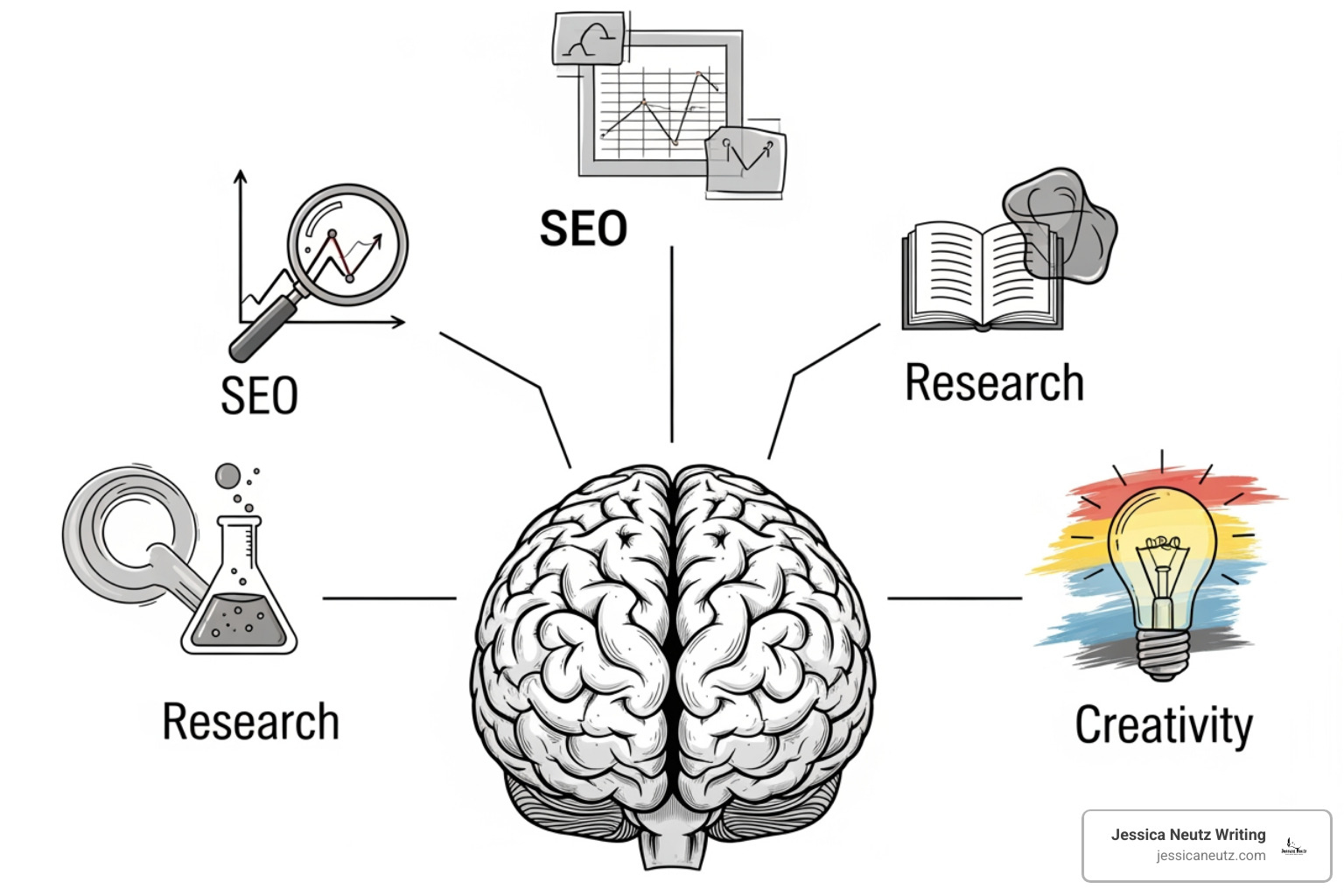 graphic illustrating different skills like SEO, research, and creativity branching from a central brain icon - Expert blog writer graphic illustrating different skills like SEO, research, and creativity branching from a central brain icon - Expert blog writer