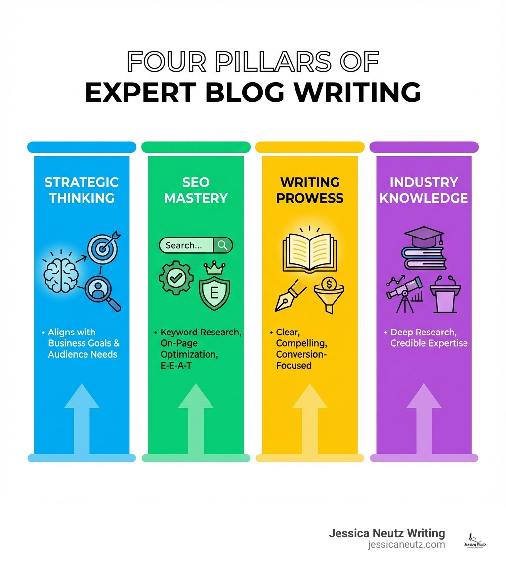 Infographic showing four pillars of expert blog writing: Strategic Thinking (aligns with business goals and audience needs), SEO Mastery (keyword research, on-page optimization, E-E-A-T), Writing Prowess (clear, compelling, conversion-focused), and Industry Knowledge (deep research, credible expertise) - Expert blog writer infographic Infographic showing four pillars of expert blog writing: Strategic Thinking (aligns with business goals and audience needs), SEO Mastery (keyword research, on-page optimization, E-E-A-T), Writing Prowess (clear, compelling, conversion-focused), and Industry Knowledge (deep research, credible expertise) - Expert blog writer infographic