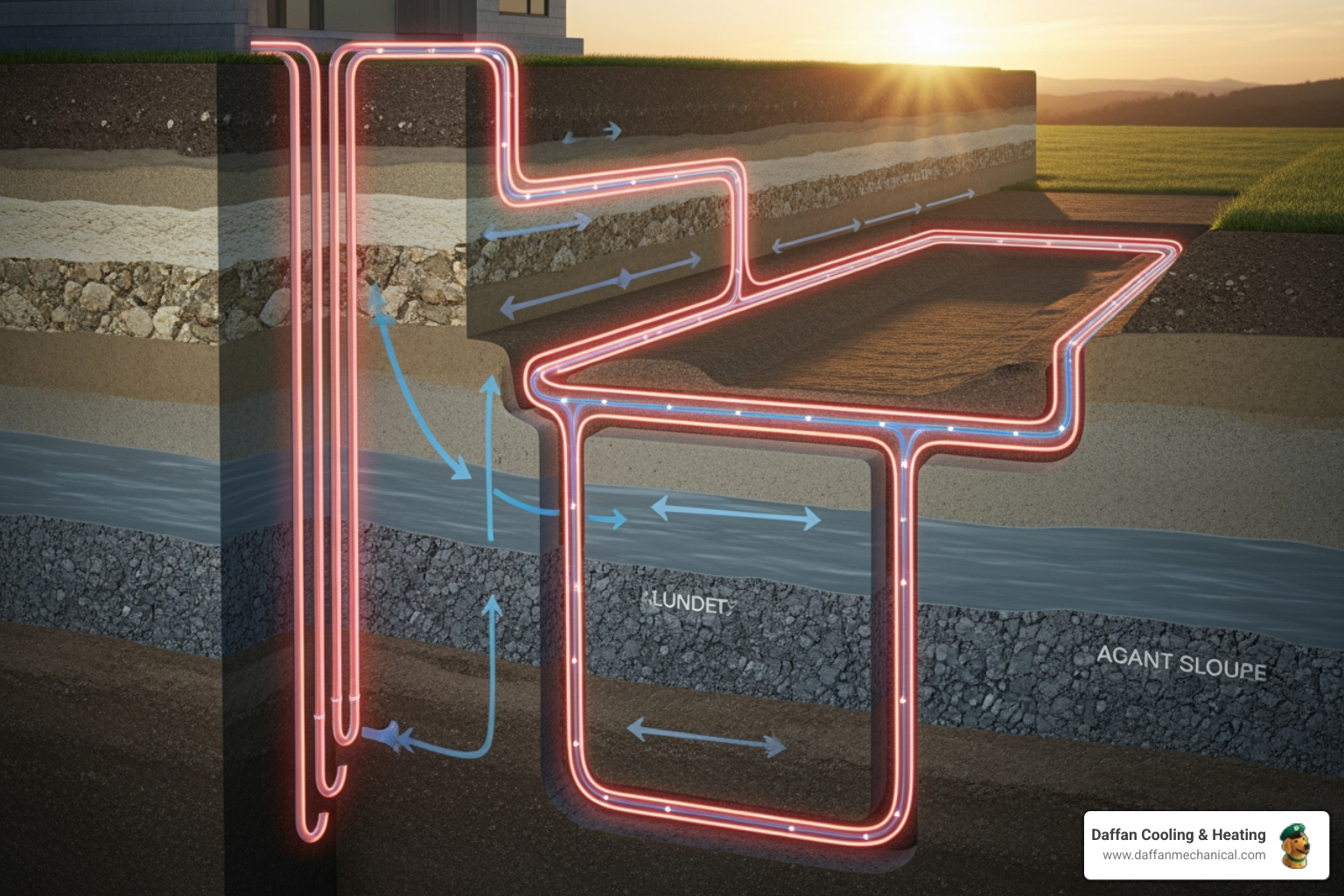 Infographic showing ground loop sizing factors: building load calculation, soil thermal conductivity, loop configuration options, and required pipe lengths per ton for vertical and horizontal systems - geothermal ground loop sizing Infographic showing ground loop sizing factors: building load calculation, soil thermal conductivity, loop configuration options, and required pipe lengths per ton for vertical and horizontal systems - geothermal ground loop sizing