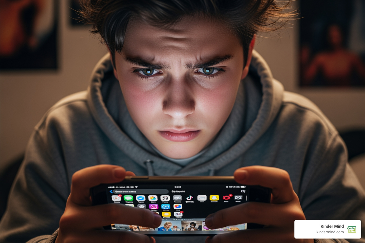 a teen looking stressed while on their phone, with social media apps visible - Social anxiety teens