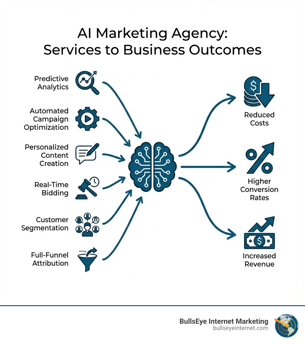 Infographic showing key AI marketing agency services including predictive analytics, automated campaign optimization, personalized content creation, real-time bidding, customer segmentation, and full-funnel attribution with arrows pointing to business outcomes like reduced costs, higher conversion rates, and increased revenue - AI marketing agency infographic AI marketing agency infographic illustrating services leading to business outcomes, featuring predictive analytics, automated campaign optimization, personalized content creation, real-time bidding, customer segmentation, and full-funnel attribution, with icons depicting reduced costs, higher conversion rates, and increased revenue.