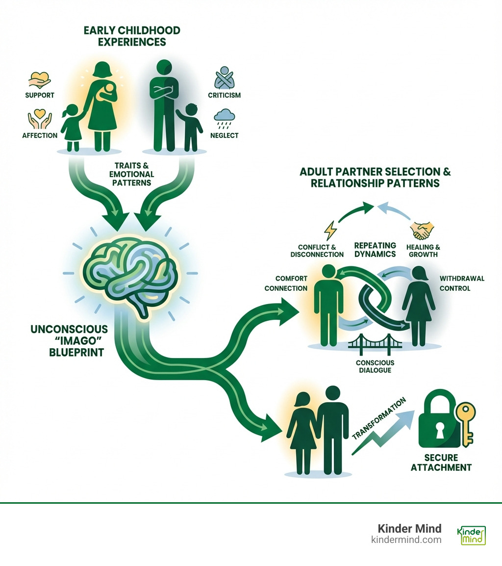 infographic showing how early childhood experiences with caregivers create an unconscious 'imago' or blueprint that influences adult partner selection and relationship patterns, with arrows connecting childhood traits to adult relationship dynamics - imago therapy near me infographic 