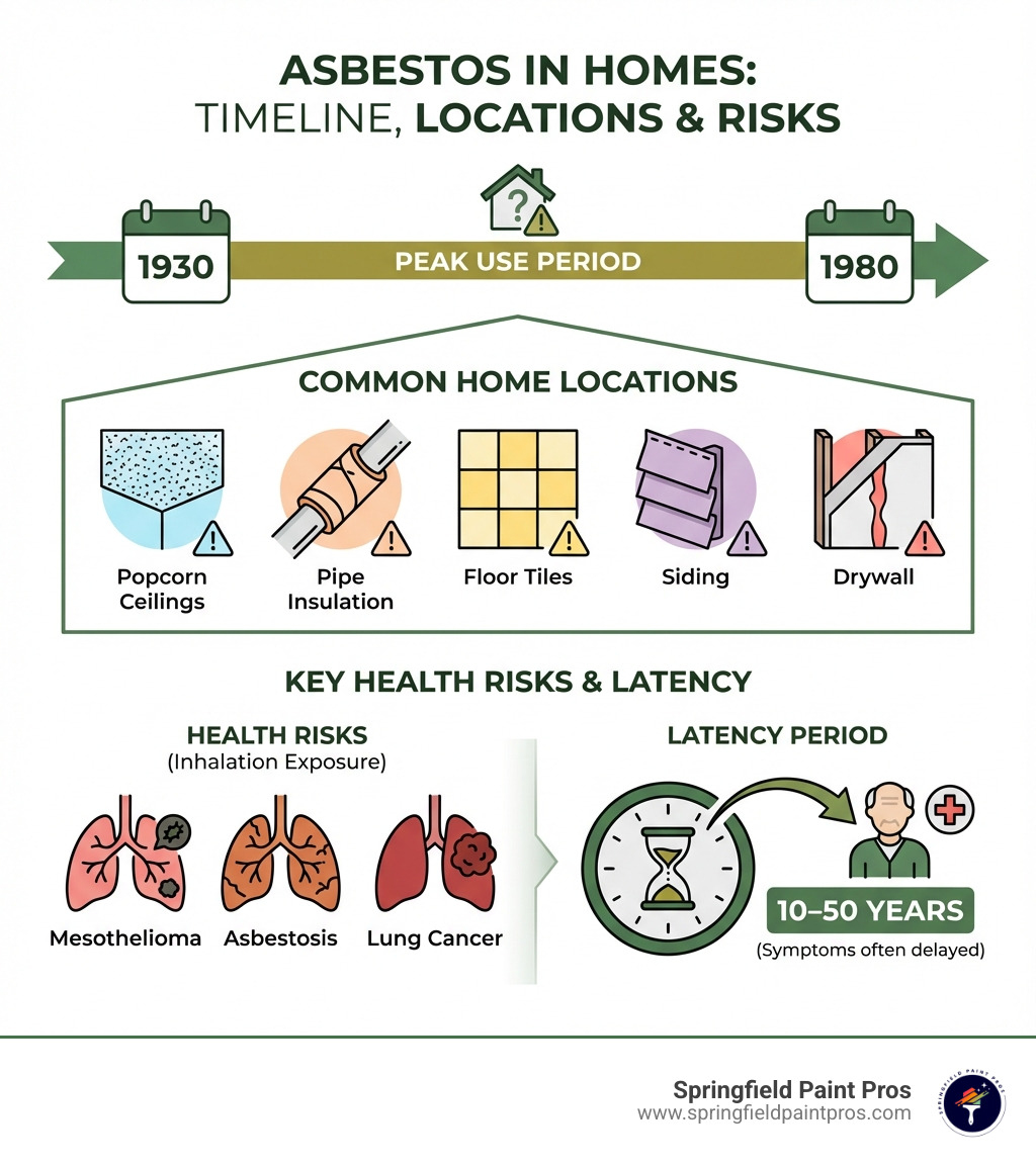 infographic showing the timeline of asbestos use in homes from 1930-1980, common locations where asbestos is found including popcorn ceilings, pipe insulation, floor tiles, siding, and drywall, plus key health risks like mesothelioma, asbestosis, and lung cancer with their latency periods of 10-50 years - Asbestos cleanup services infographic 
