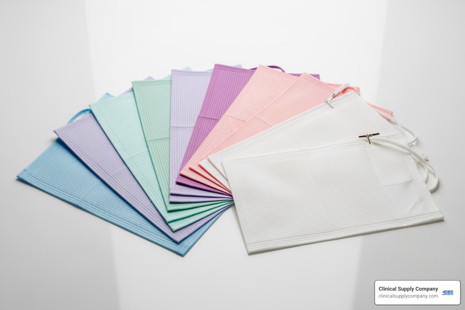 fan of different colored dental bibs - bulk dental bibs