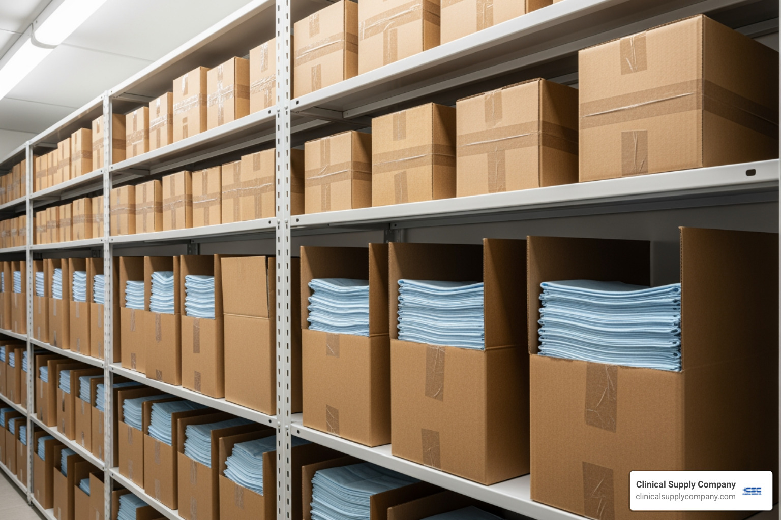 stacked boxes of dental bibs in a storage closet - bulk dental bibs