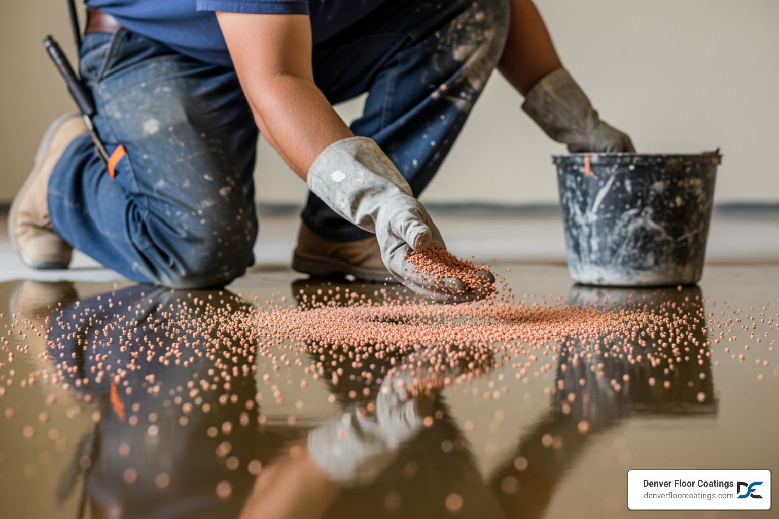 professional installer broadcasting quartz granules onto a wet base coat - quartz concrete coating