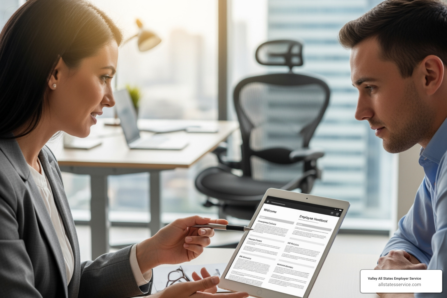 manager and new hire reviewing onboarding documents on a tablet - Federal employment compliance