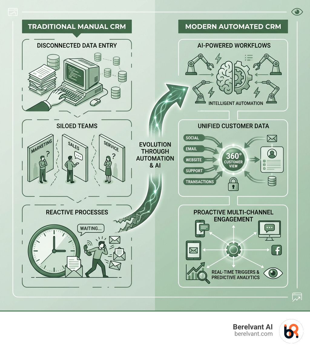 infographic showing the evolution from traditional manual CRM with disconnected data entry, siloed teams, and reactive processes to modern automated CRM with AI-powered workflows, unified customer data, real-time triggers, predictive analytics, and proactive multi-channel engagement across marketing, sales, and service functions - crm automation services infographic 