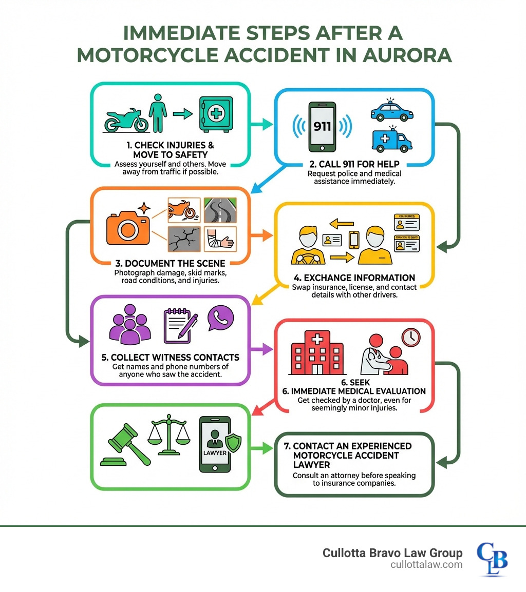 infographic showing immediate steps after a motorcycle accident in Aurora: 1) Check for injuries and move to safety 2) Call 911 for police and medical help 3) Document the scene with photos of damage, skid marks, road conditions, and injuries 4) Exchange information with other drivers 5) Collect witness contact details 6) Seek immediate medical evaluation even for minor injuries 7) Contact an experienced motorcycle accident lawyer before speaking to insurance companies - motorcycle accident lawyer aurora infographic infographic showing immediate steps after a motorcycle accident in Aurora: 1) Check for injuries and move to safety 2) Call 911 for police and medical help 3) Document the scene with photos of damage, skid marks, road conditions, and injuries 4) Exchange information with other drivers 5) Collect witness contact details 6) Seek immediate medical evaluation even for minor injuries 7) Contact an experienced motorcycle accident lawyer before speaking to insurance companies - motorcycle accident lawyer aurora infographic