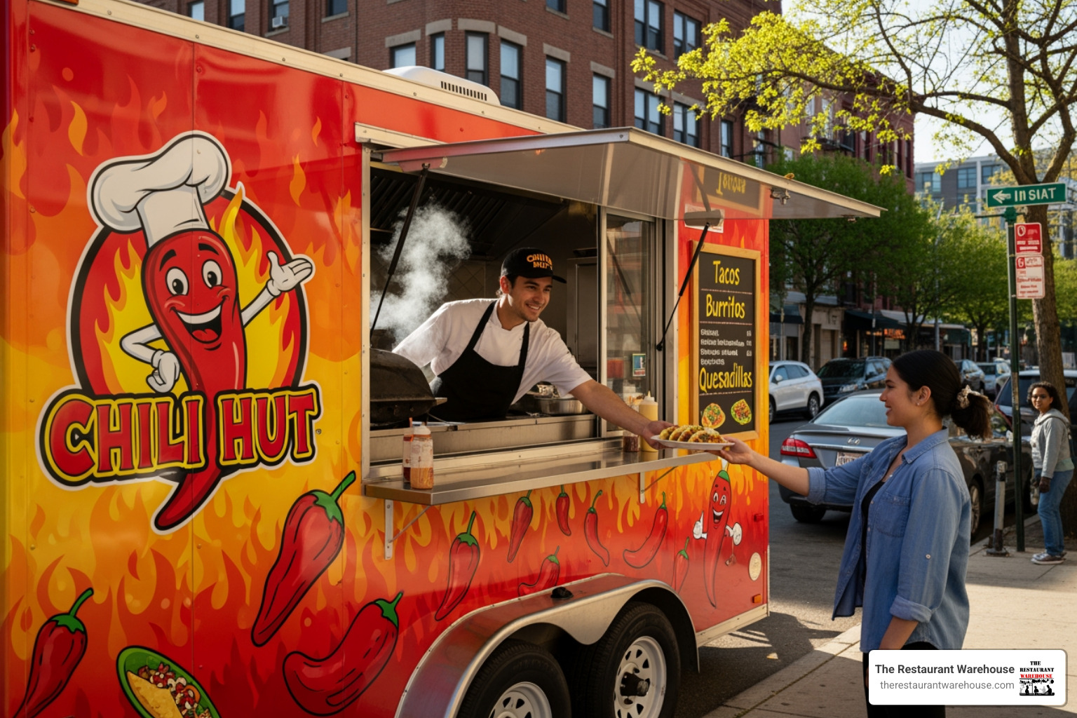 Custom-wrapped 20 ft food trailer with vibrant branding and an open serving window - 20 ft food trailer