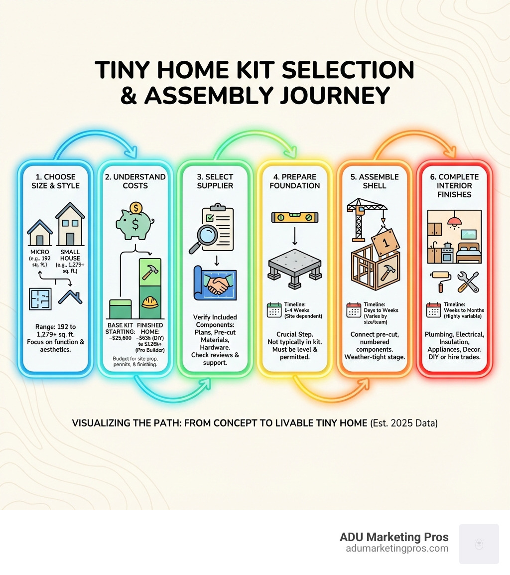 infographic showing the tiny home kit selection process from choosing size and style, to understanding costs, selecting a supplier, preparing the foundation, assembling the shell, and completing interior finishes, with average timelines and cost ranges for each phase - tiny home kits infographic 