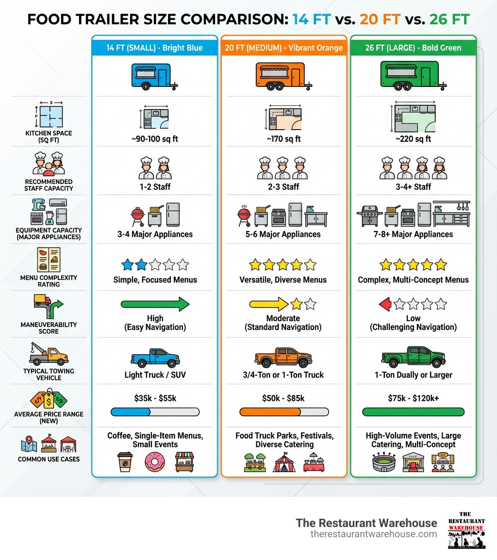 Infographic comparing 14 ft, 20 ft, and 26 ft food trailers showing kitchen space square footage, recommended staff capacity, equipment capacity including number of major appliances, menu complexity rating, maneuverability score, typical towing vehicle requirements, average price ranges for new units, and common use cases for each size - 20 ft food trailer infographic 