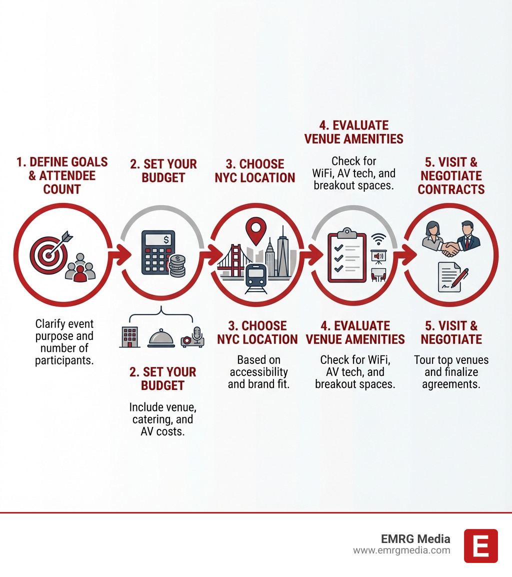 infographic showing 5-step process for selecting corporate meeting venues: 1) Define your event goals and attendee count, 2) Set your budget including venue, catering, and AV costs, 3) Choose your NYC location based on accessibility and brand fit, 4) Evaluate venue amenities like WiFi, AV tech, and breakout spaces, 5) Visit top venues and negotiate contracts - corporate meeting venues NYC infographic 