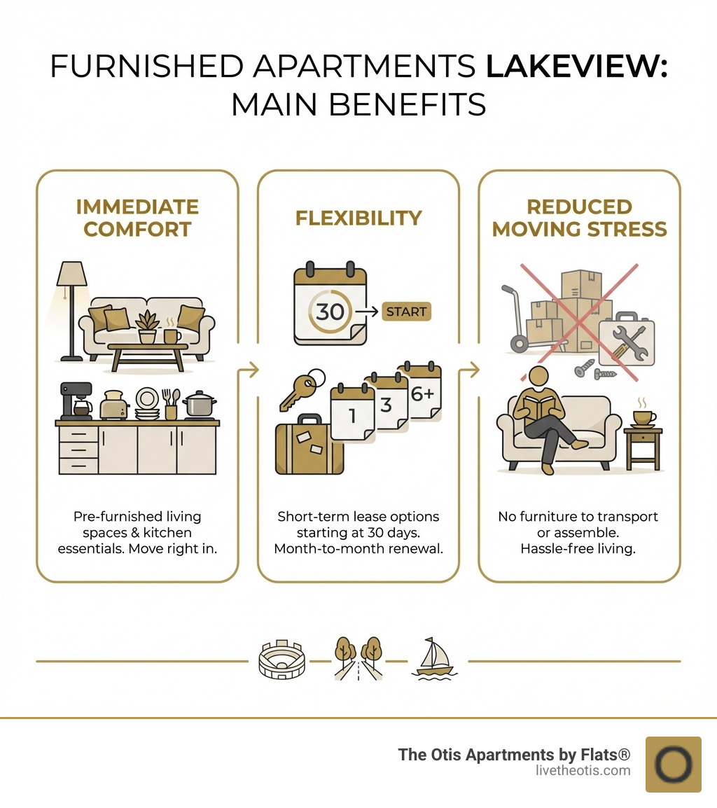 infographic showing three main benefits of furnished apartments: 1) Immediate Comfort with pre-furnished living spaces and kitchen essentials 2) Flexibility with short-term lease options starting at 30 days 3) Reduced Moving Stress with no furniture to transport or assemble - furnished apartments lakeview infographic infographic showing three main benefits of furnished apartments: 1) Immediate Comfort with pre-furnished living spaces and kitchen essentials 2) Flexibility with short-term lease options starting at 30 days 3) Reduced Moving Stress with no furniture to transport or assemble - furnished apartments lakeview infographic