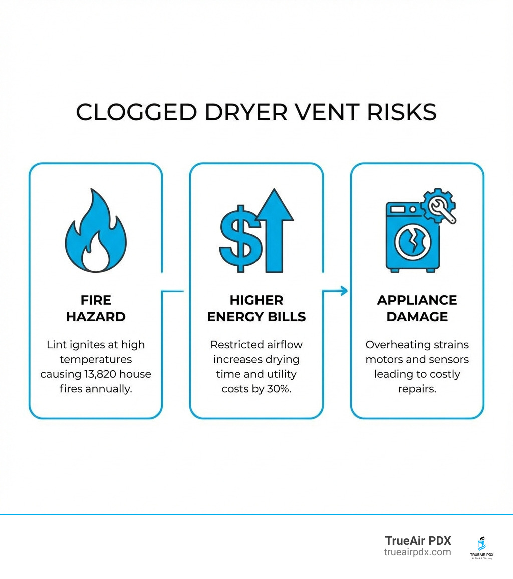 Infographic showing three major risks of clogged dryer vents: a flame icon labeled "Fire Hazard - Lint ignites at high temperatures causing 13,820 house fires annually", a dollar sign with upward arrow labeled "Higher Energy Bills - Restricted airflow increases drying time and utility costs by 30%", and a broken dryer icon labeled "Appliance Damage - Overheating strains motors and sensors leading to costly repairs" - dryer vent cleaning near me infographic 