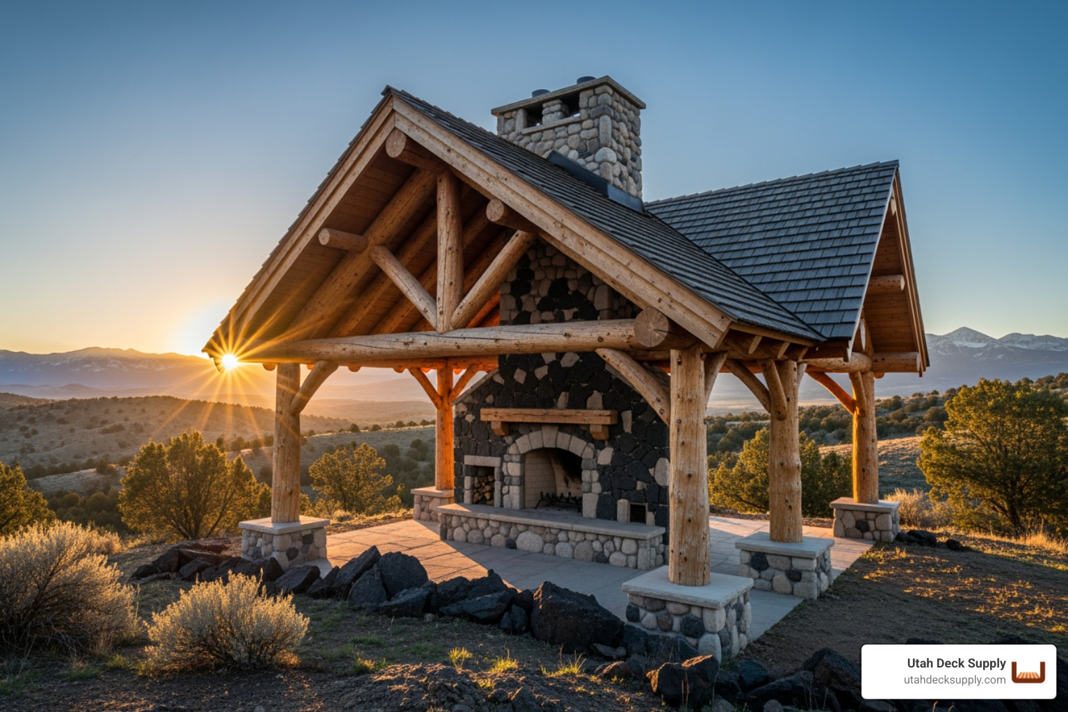 rustic timber frame pavilion with stone fireplace in a northern utah landscape at sunrise - outdoor pavilions rustic timber frame pavilion with stone fireplace in a northern utah landscape at sunrise - outdoor pavilions