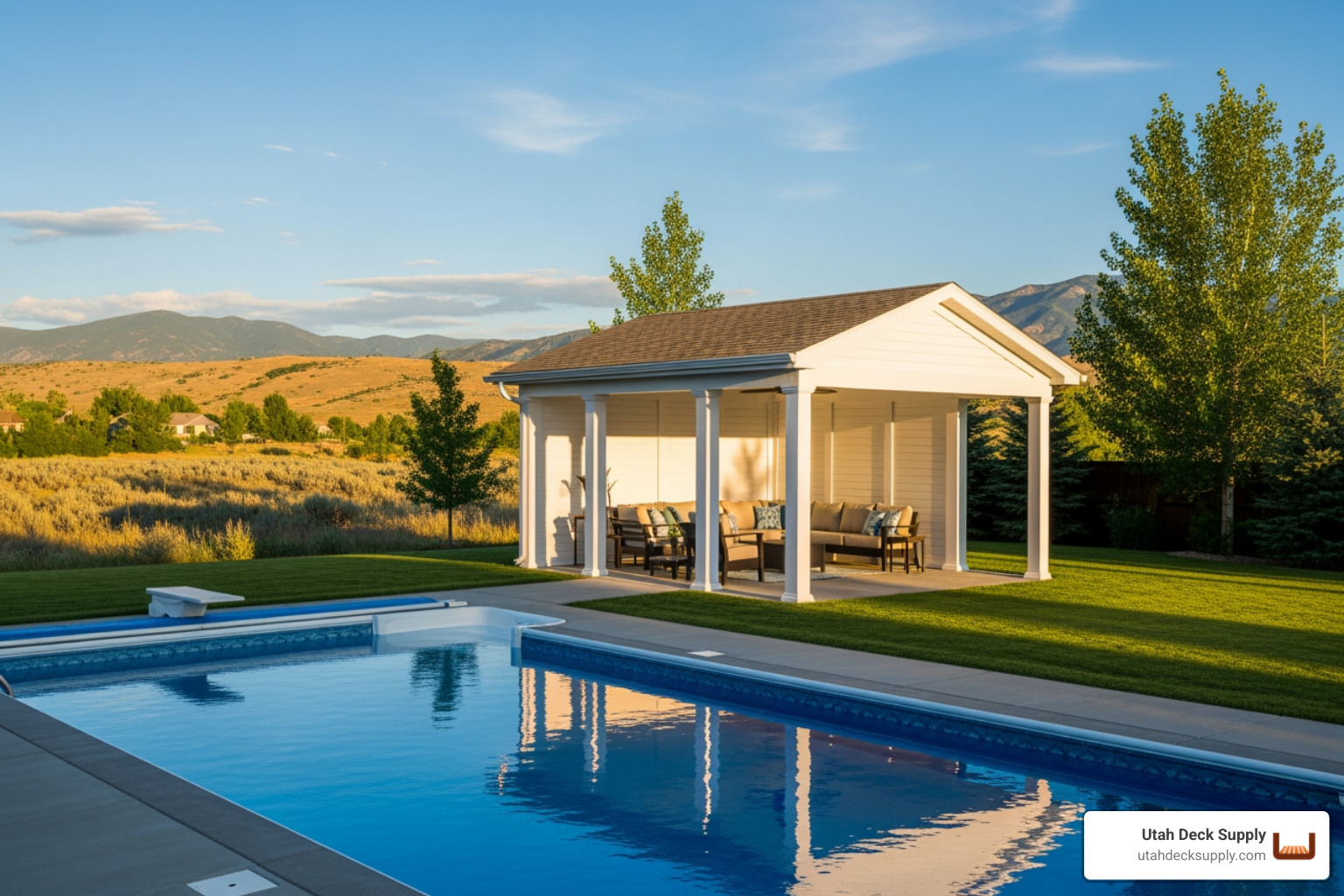 sleek low-maintenance vinyl pavilion by a pool in a northern utah backyard at afternoon - outdoor pavilions sleek low-maintenance vinyl pavilion by a pool in a northern utah backyard at afternoon - outdoor pavilions
