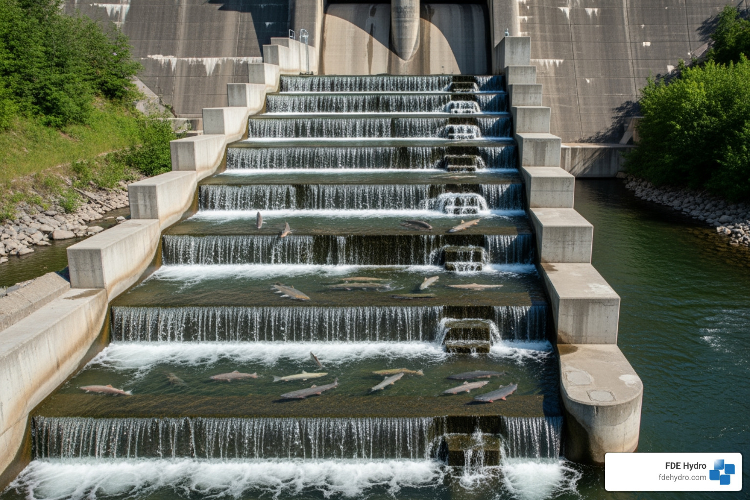 Fish passage facility, such as a fish ladder designed for environmental compatibility - Modern dam technology