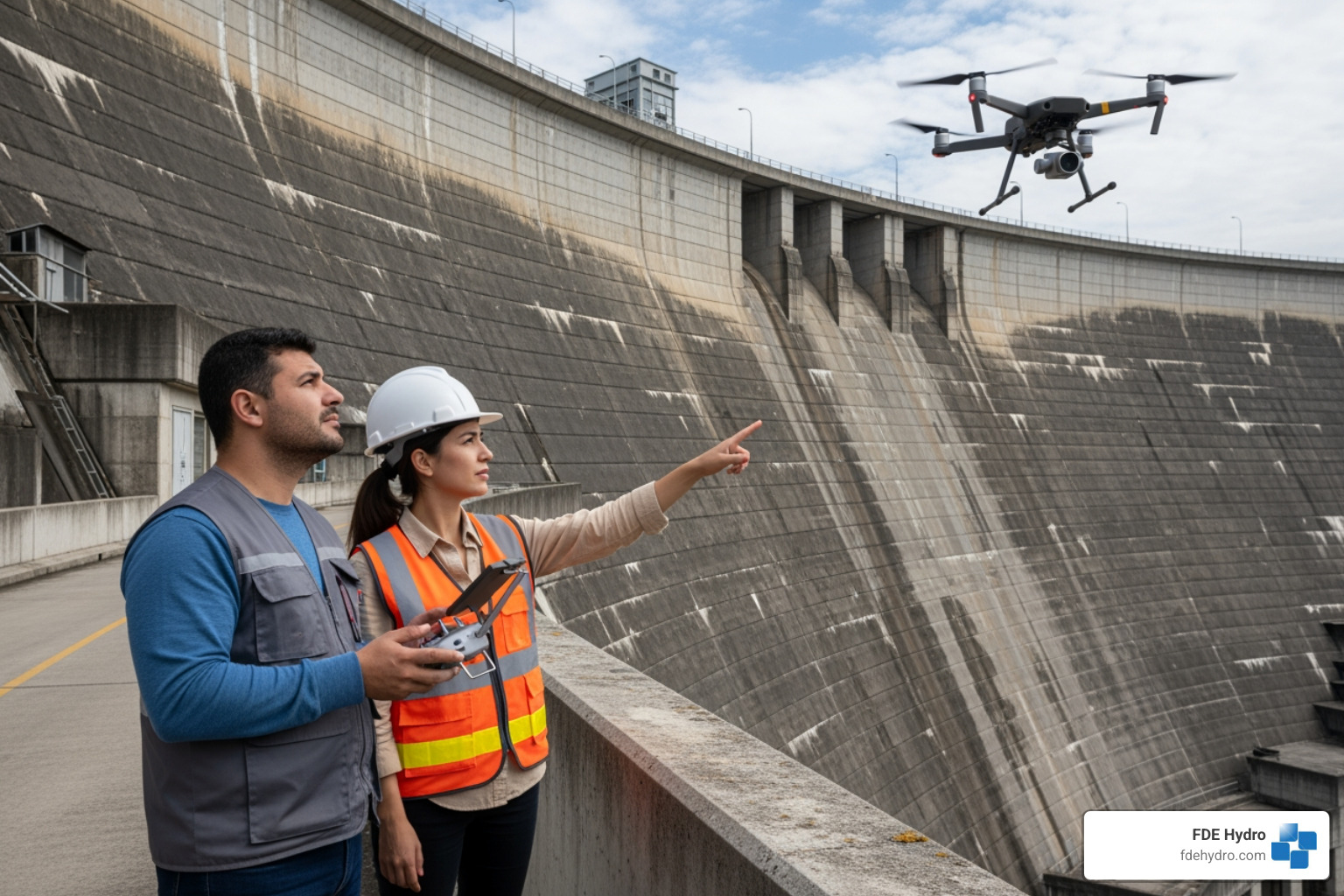 Engineers using a drone to inspect a dam face - Modern dam technology