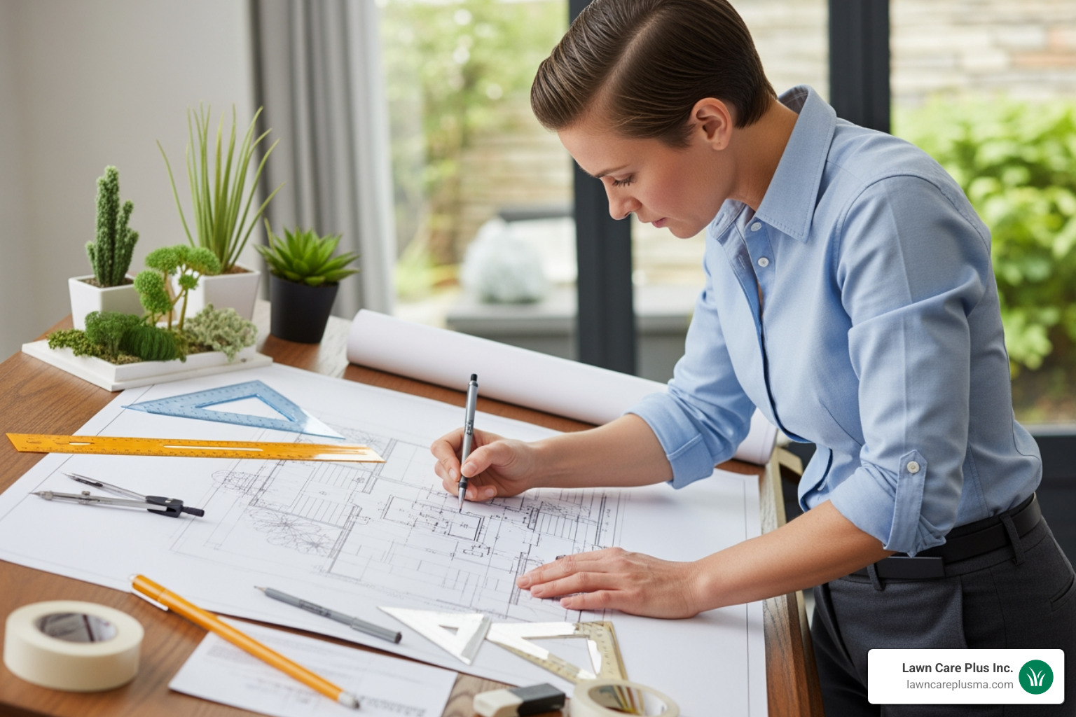landscape designer sketching a patio plan on a blueprint - front yard patio landscape designer sketching a patio plan on a blueprint - front yard patio