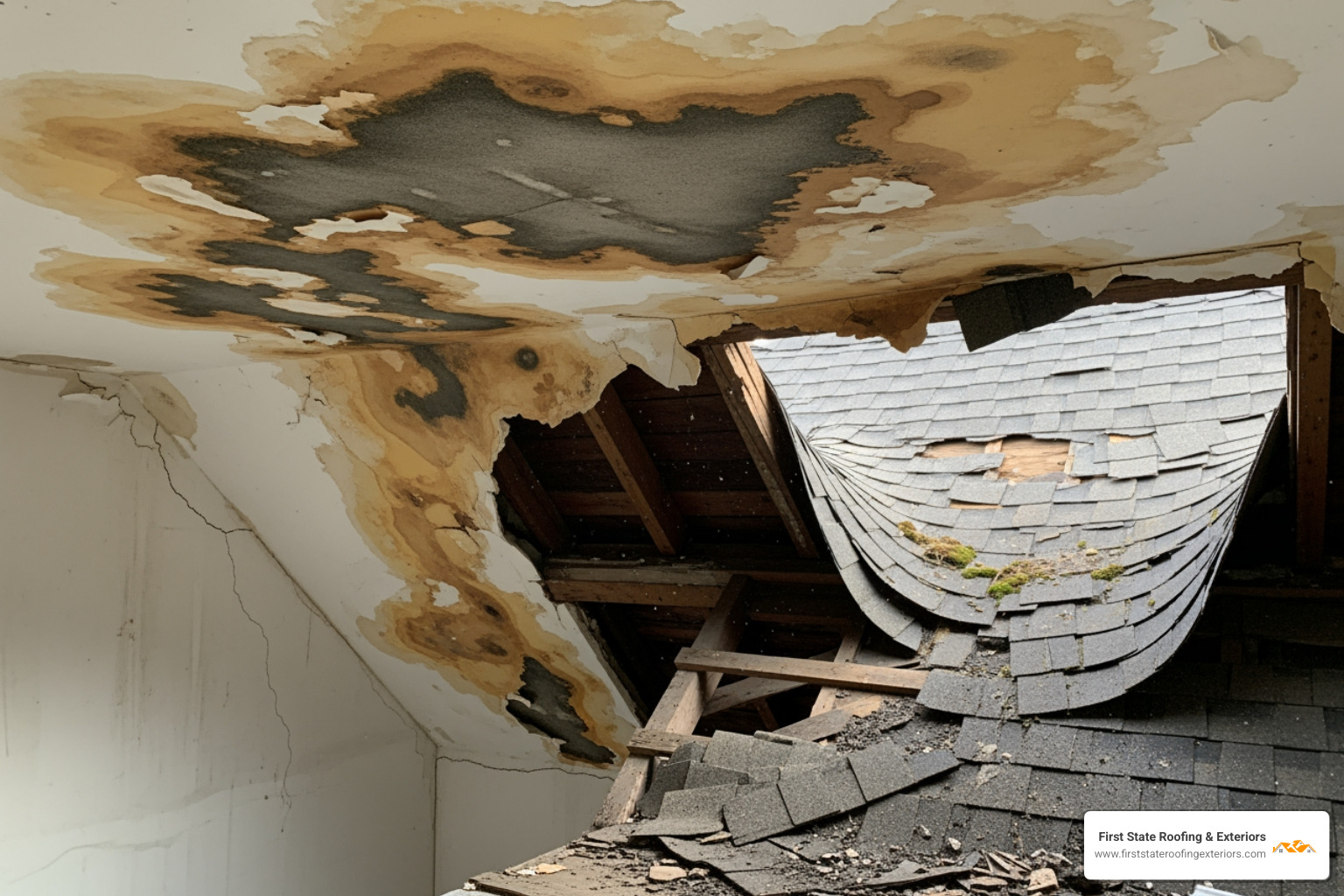 damaged roof with curling shingles and water stains on a ceiling - roof installation Dover DE