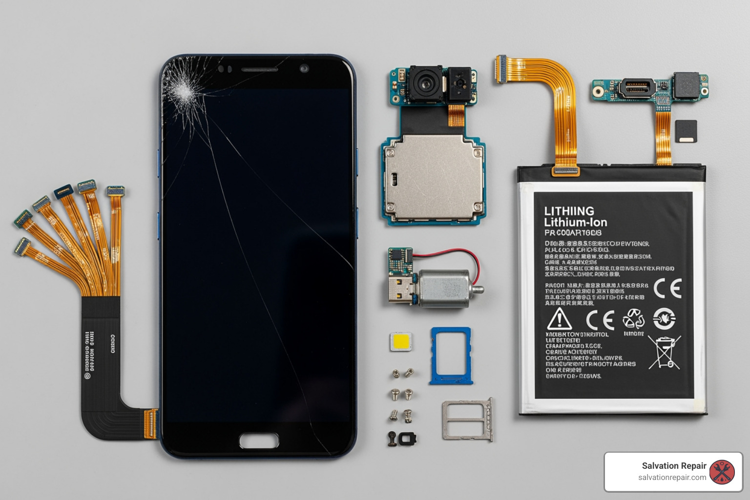 common phone parts like a screen, battery, and charging port - samsung phone repair