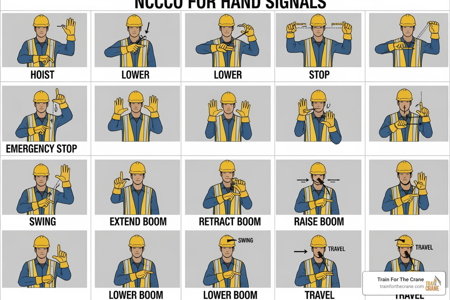A comprehensive chart of standard NCCCO hand signals for mobile cranes - nccco hand signals