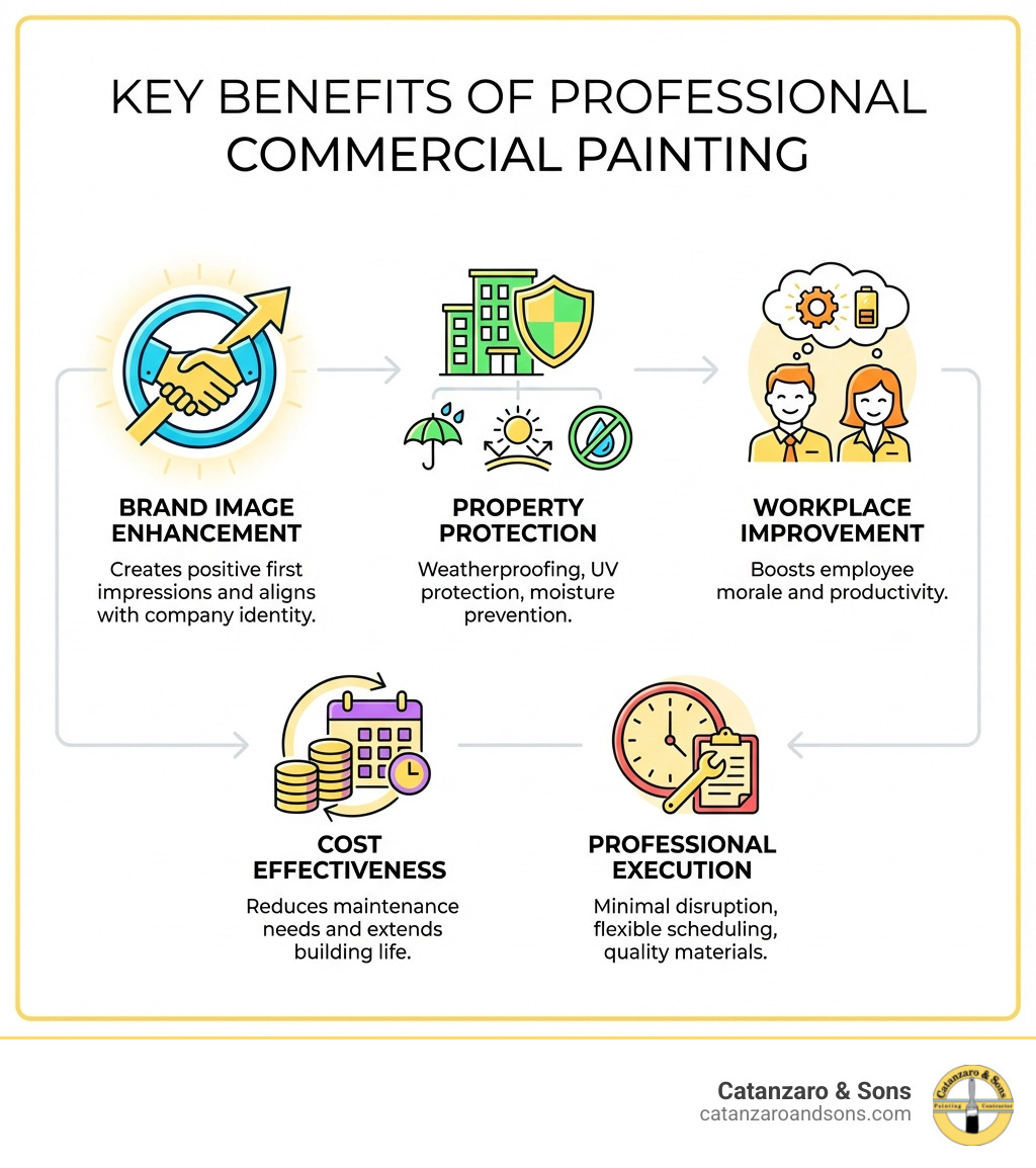 Infographic showing the key benefits of professional commercial painting: Brand Image Enhancement (creates positive first impressions and aligns with company identity), Property Protection (weatherproofing, UV protection, moisture prevention), Workplace Improvement (boosts employee morale and productivity), Cost Effectiveness (reduces maintenance needs and extends building life), Professional Execution (minimal disruption, flexible scheduling, quality materials) - painting services for businesses infographic Infographic showing the key benefits of professional commercial painting: Brand Image Enhancement (creates positive first impressions and aligns with company identity), Property Protection (weatherproofing, UV protection, moisture prevention), Workplace Improvement (boosts employee morale and productivity), Cost Effectiveness (reduces maintenance needs and extends building life), Professional Execution (minimal disruption, flexible scheduling, quality materials) - painting services for businesses infographic
