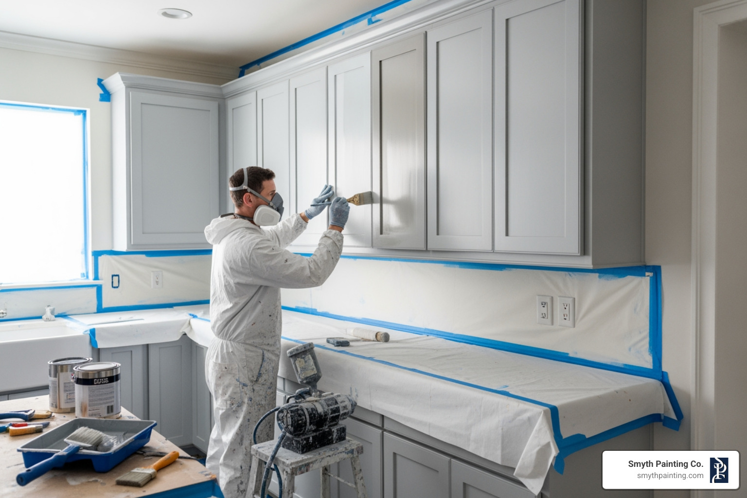Painter carefully refinishing kitchen cabinets - Residential painters RI