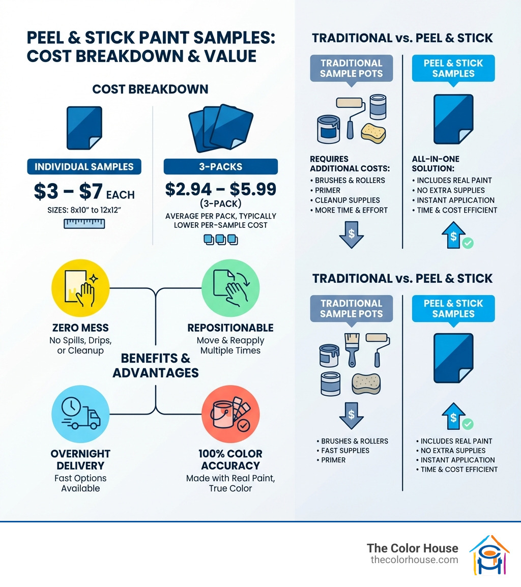 Infographic showing the cost breakdown of peel and stick paint samples: Individual samples range from $3-$7, with 3-packs averaging $2.94-$5.99. Samples come in sizes from 8x10 to 12x12 inches. Benefits include zero mess, repositionable application, overnight delivery options, and 100% color accuracy with real paint. Comparison shows traditional sample pots require additional costs for brushes, rollers, primer, and cleanup supplies. - how much are peel and stick paint samples infographic 