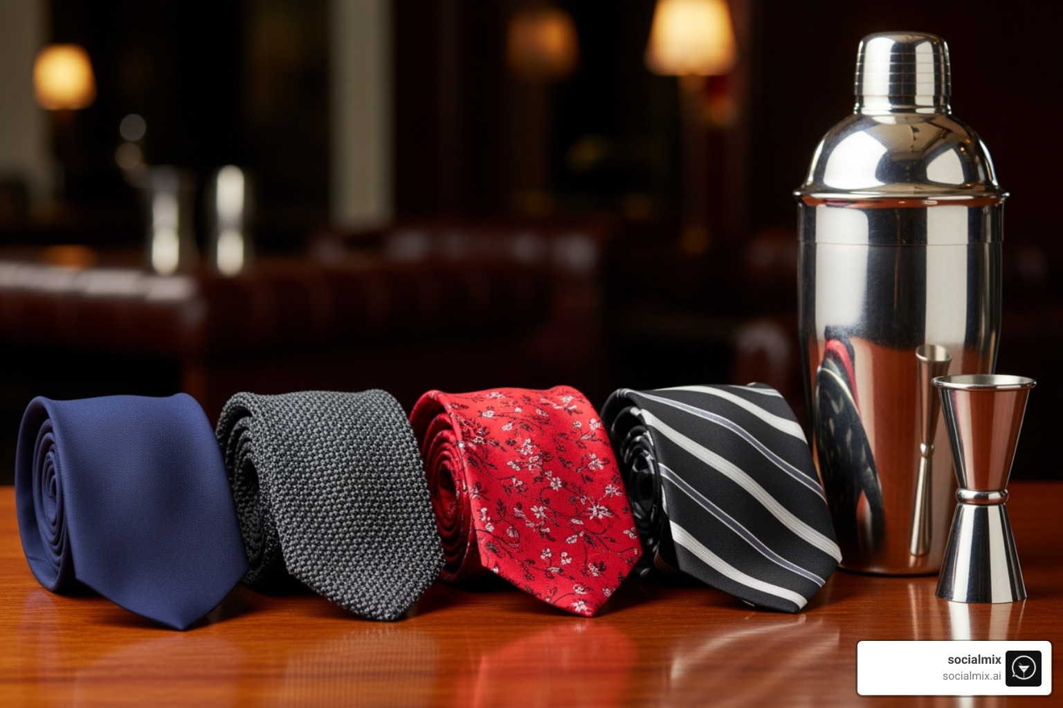 different tie styles next to a Boston shaker and jigger - classy cocktail attire for men different tie styles next to a Boston shaker and jigger - classy cocktail attire for men