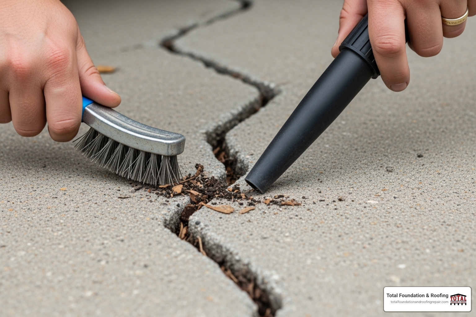 person cleaning a concrete crack - fill cracks in driveway person cleaning a concrete crack - fill cracks in driveway